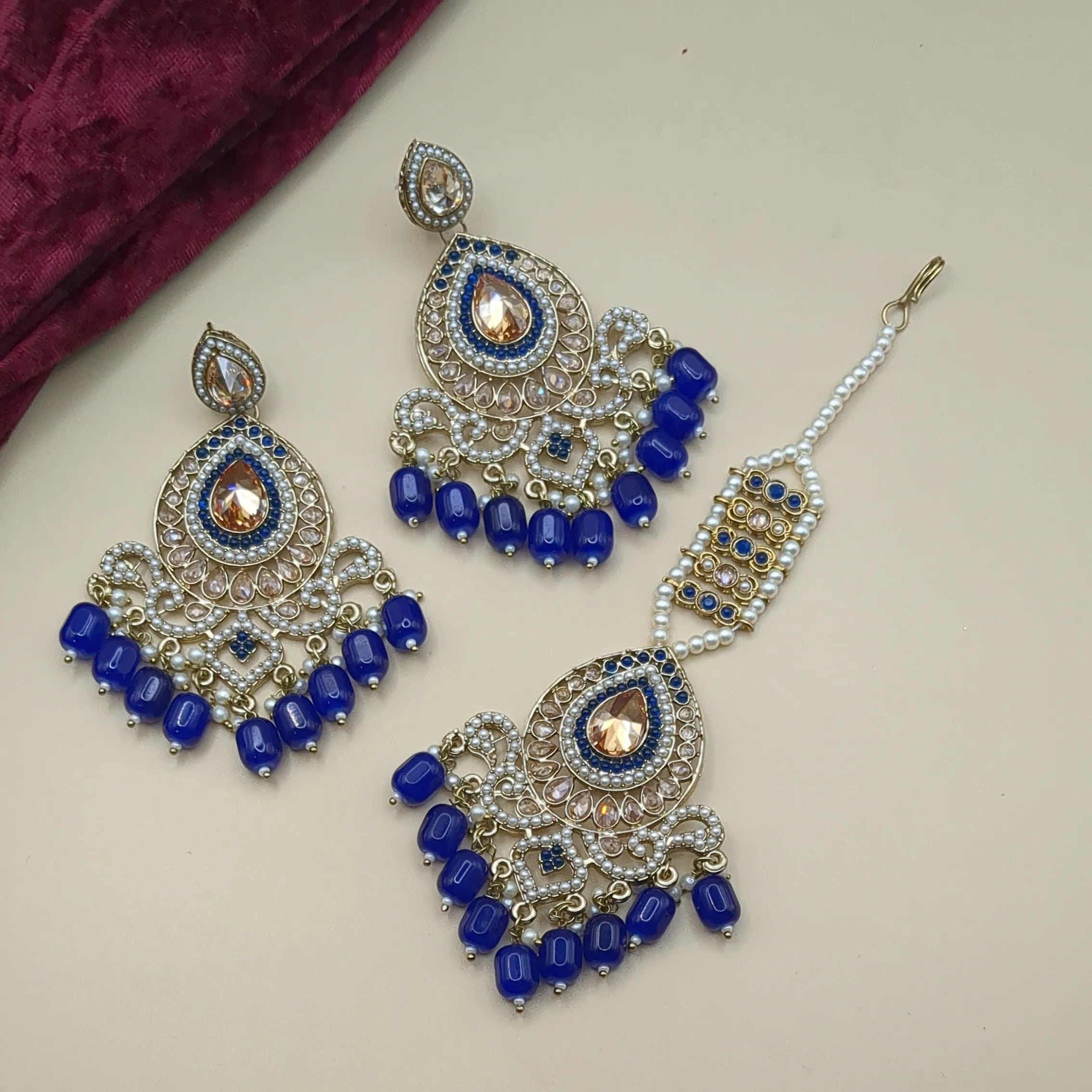 Polki Tikka with earrings - blue