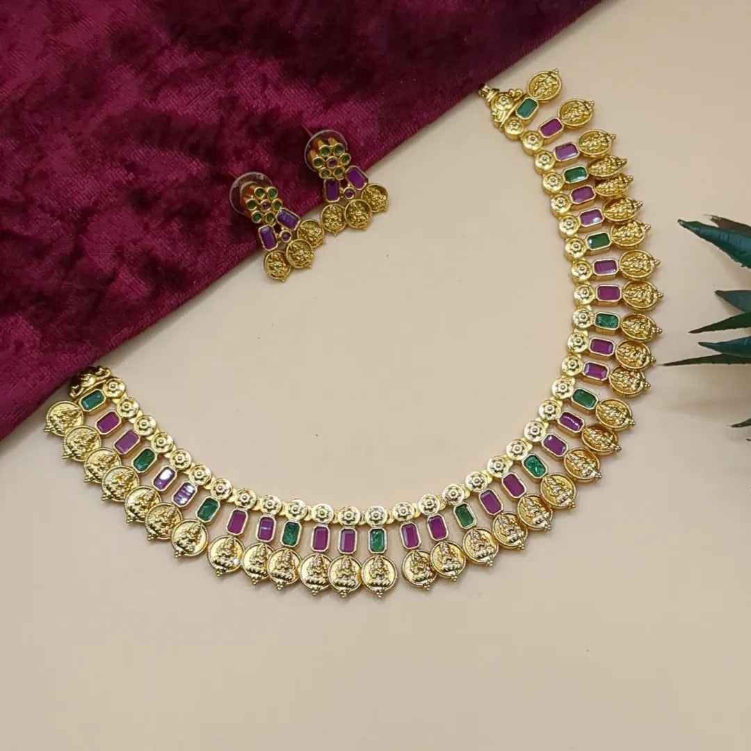 Trendy Halskette mit Ohrringe - gold | Magenta grün