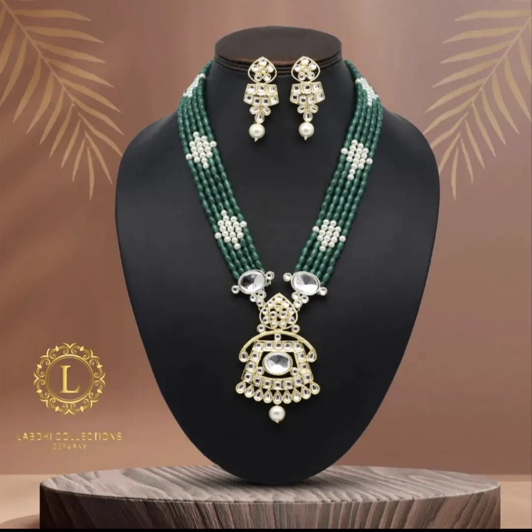 Kundan Kette lang mit Ohrringe - grün| Perlen - Lange