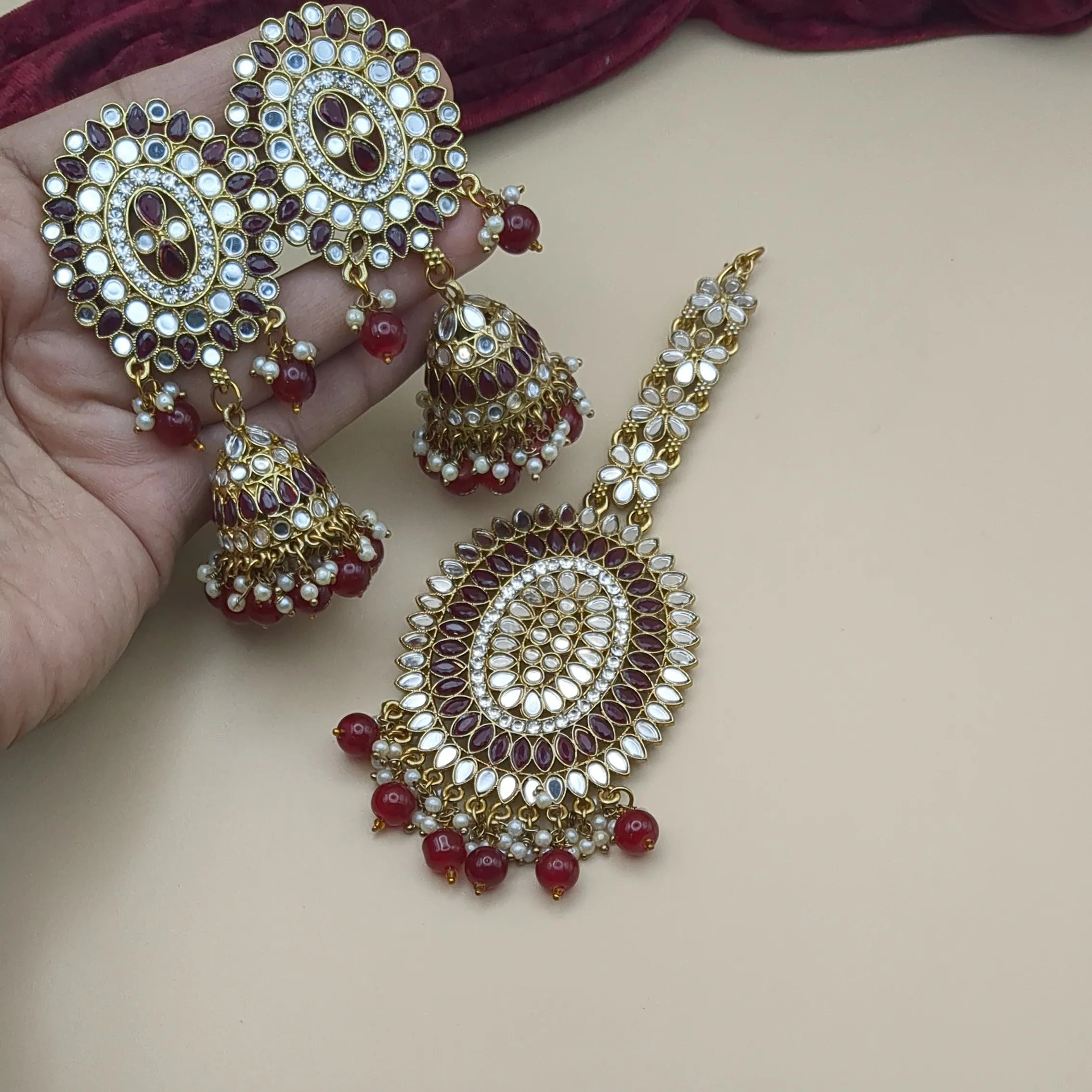 Kundan Tikka with earrings - dark red
