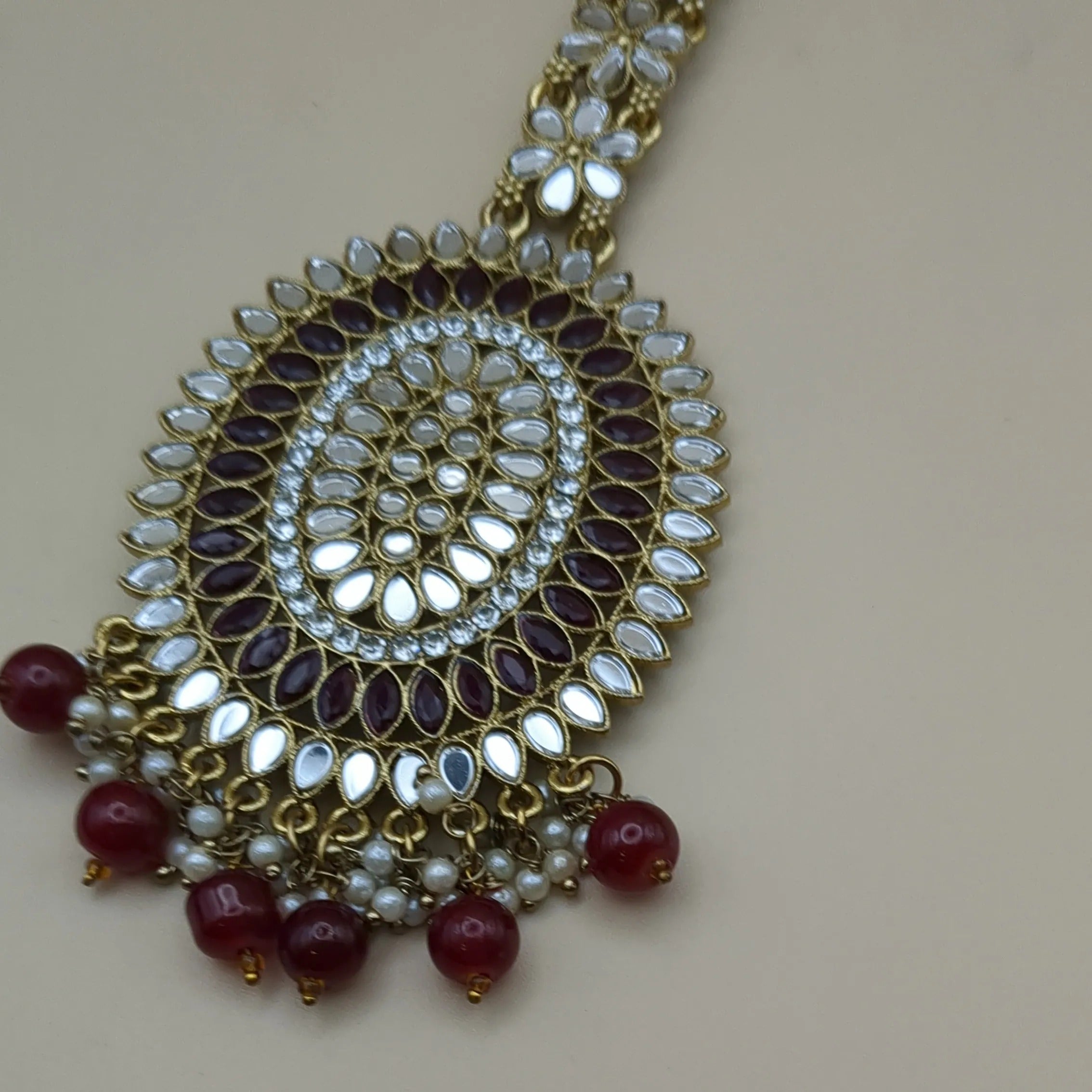 Kundan Tikka with earrings - dark red
