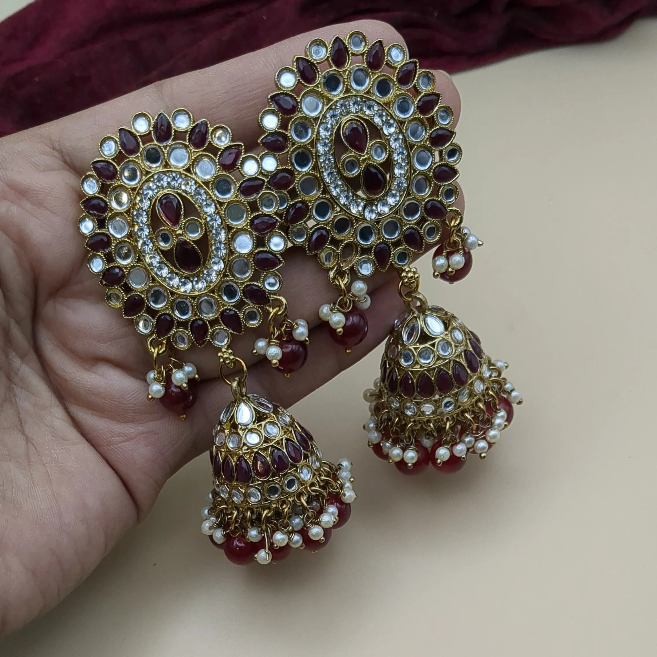 Kundan Tikka with earrings - dark red