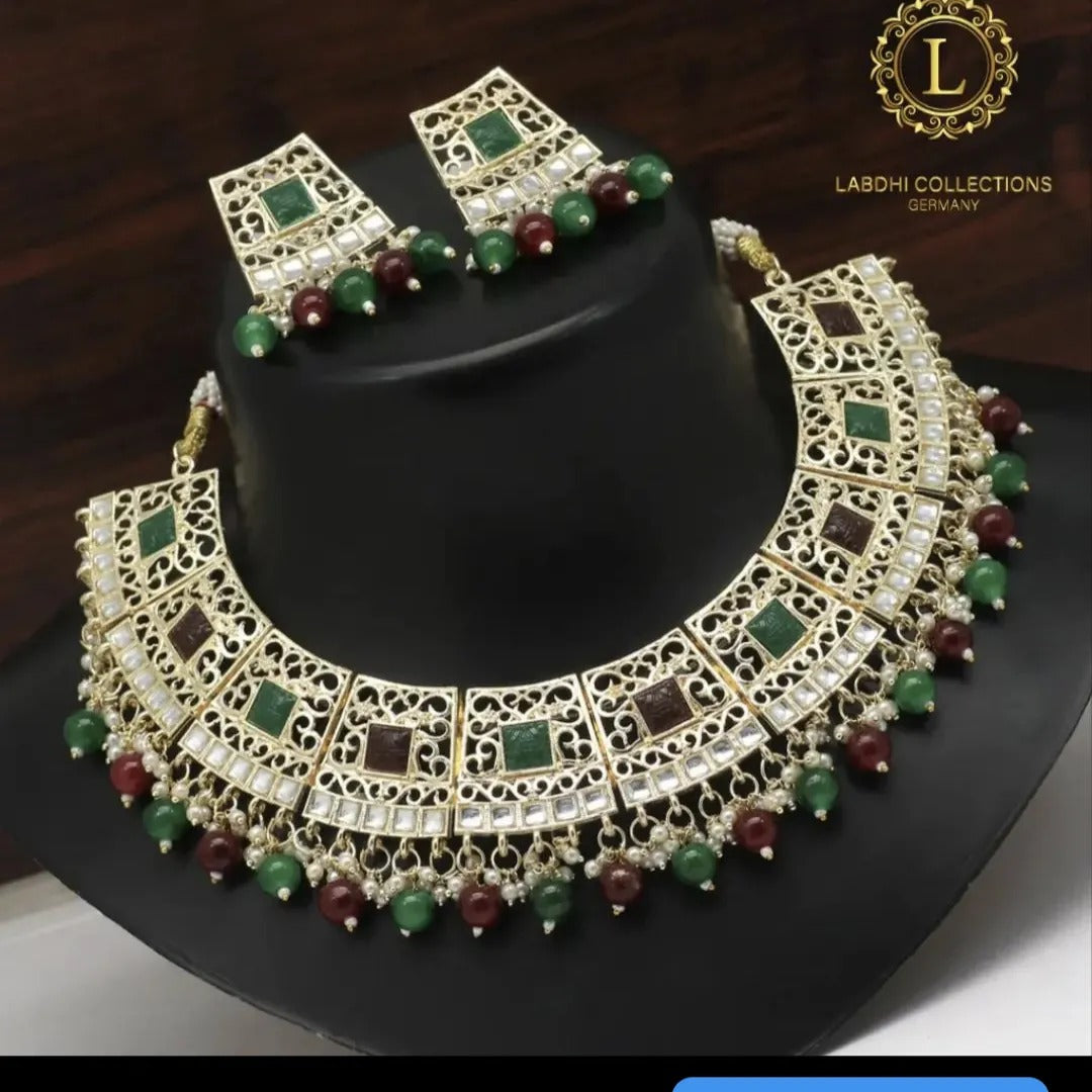 Kundan Halskette mit Ohrringe - grün | rot