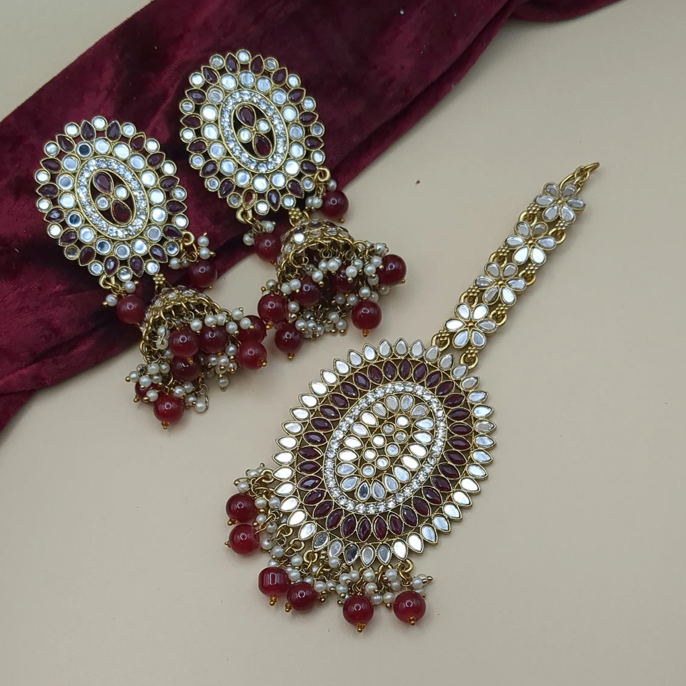 Kundan Tikka with earrings - dark red