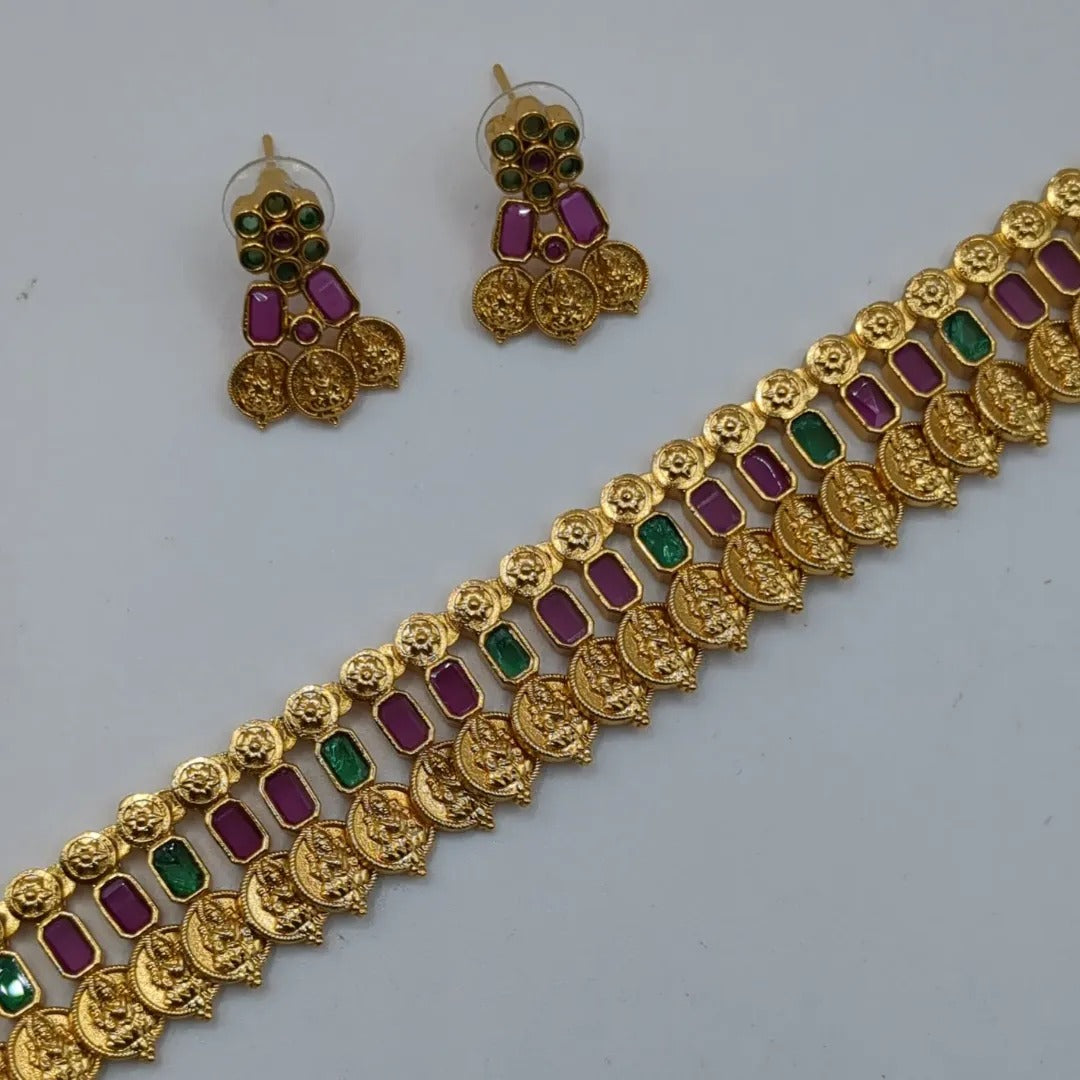 Trendy Halskette mit Ohrringe - gold | Magenta grün