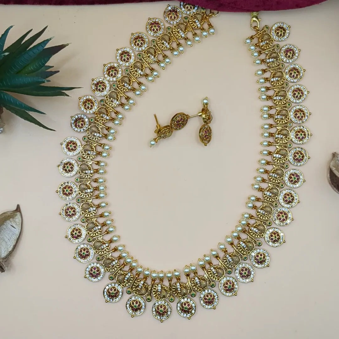 Tempel Halskette lang mit Ohrringe Set - gold