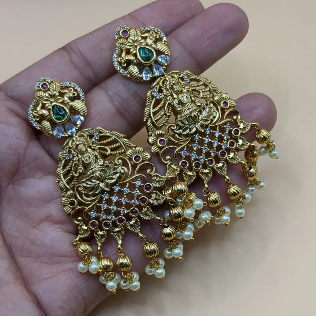 Tempel Halskette lang mit Ohrringe Set - gold