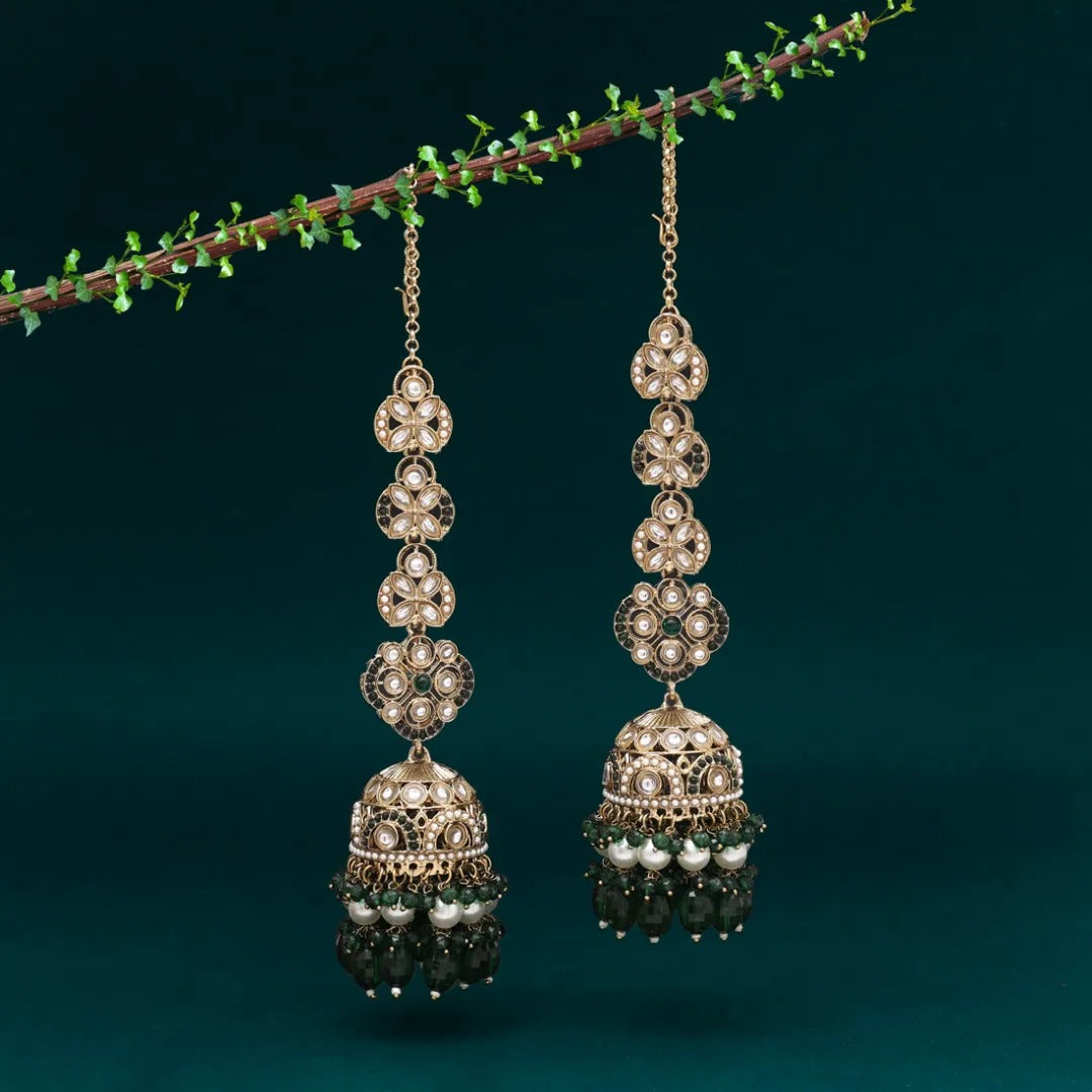 Kundan Ohrringe mit Kette (Earchain)- Jumkha | gold | Grün