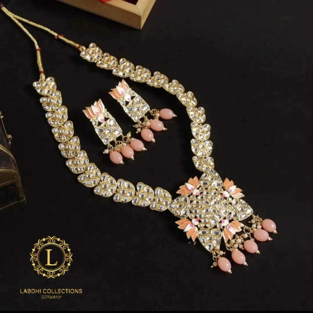 Kundan Kette lang mit Ohrringe - Peach |Perlen - Lange