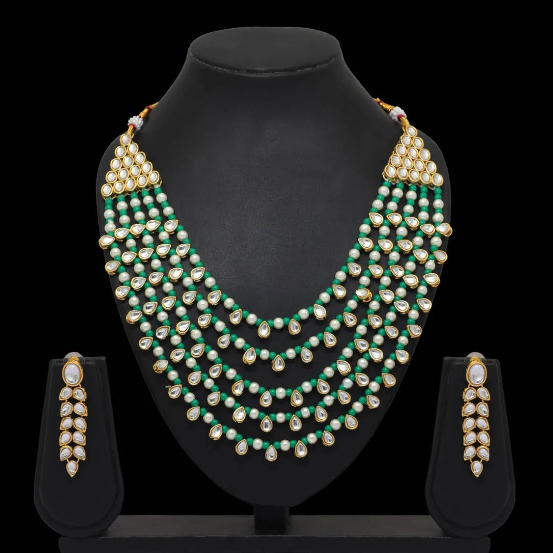 Kundan Langekette mit Ohrringe - gold | grün | Perlen - Lange