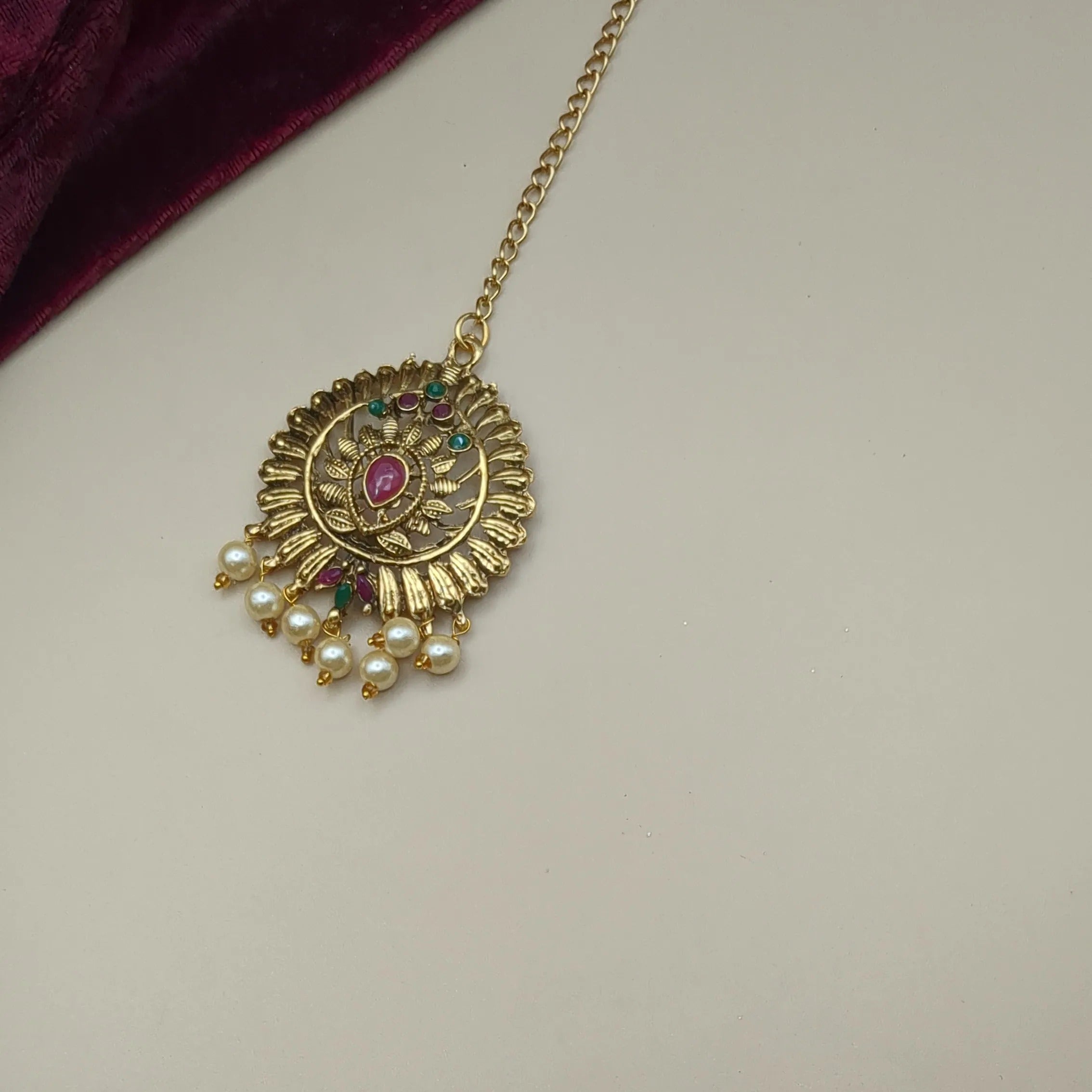 Tempel Braut Halskette, Haram, Ohrringe & Tikka - gold | grün | rot|Combo Set