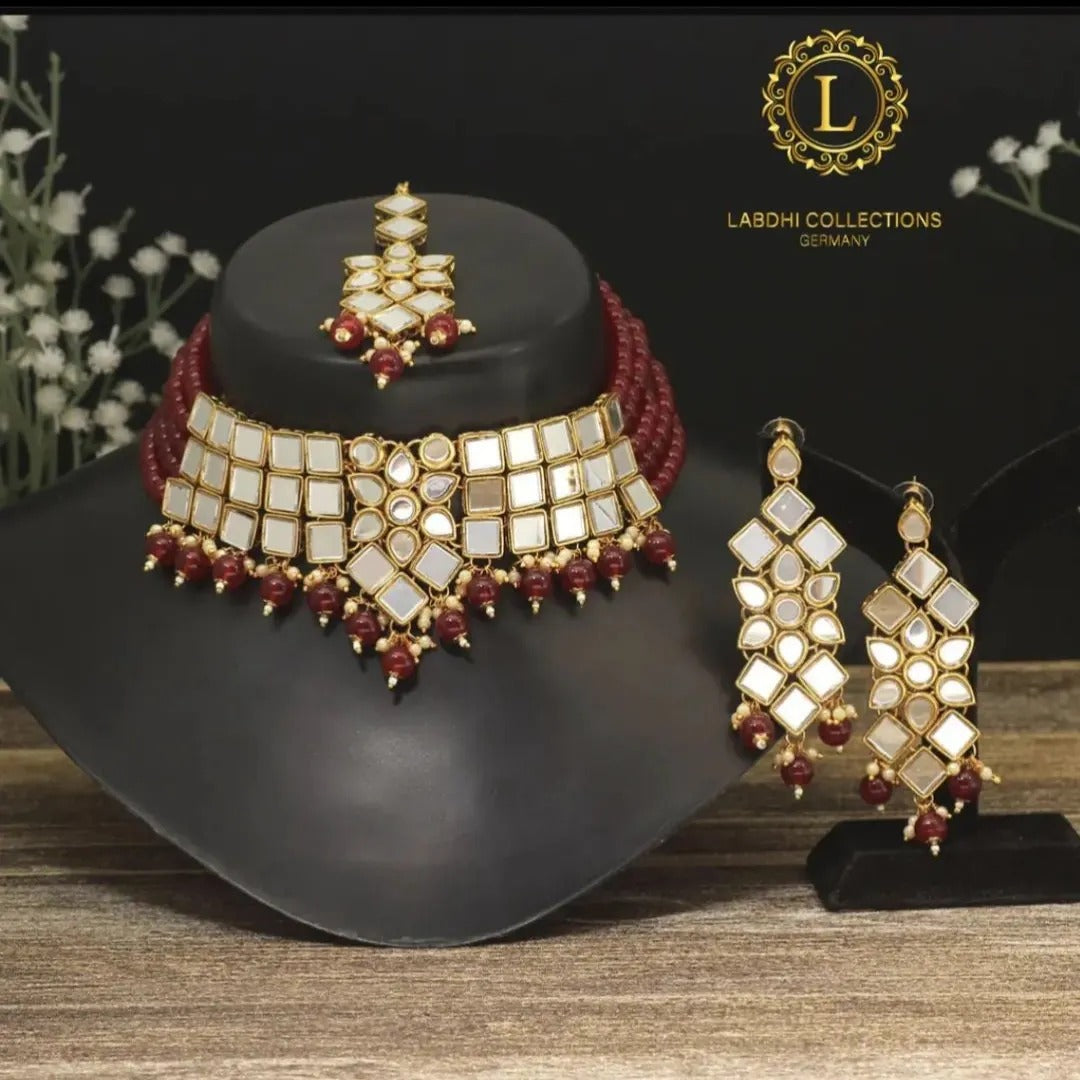 Kundan Choker Necklace with Earrings & Tikka- gold | red