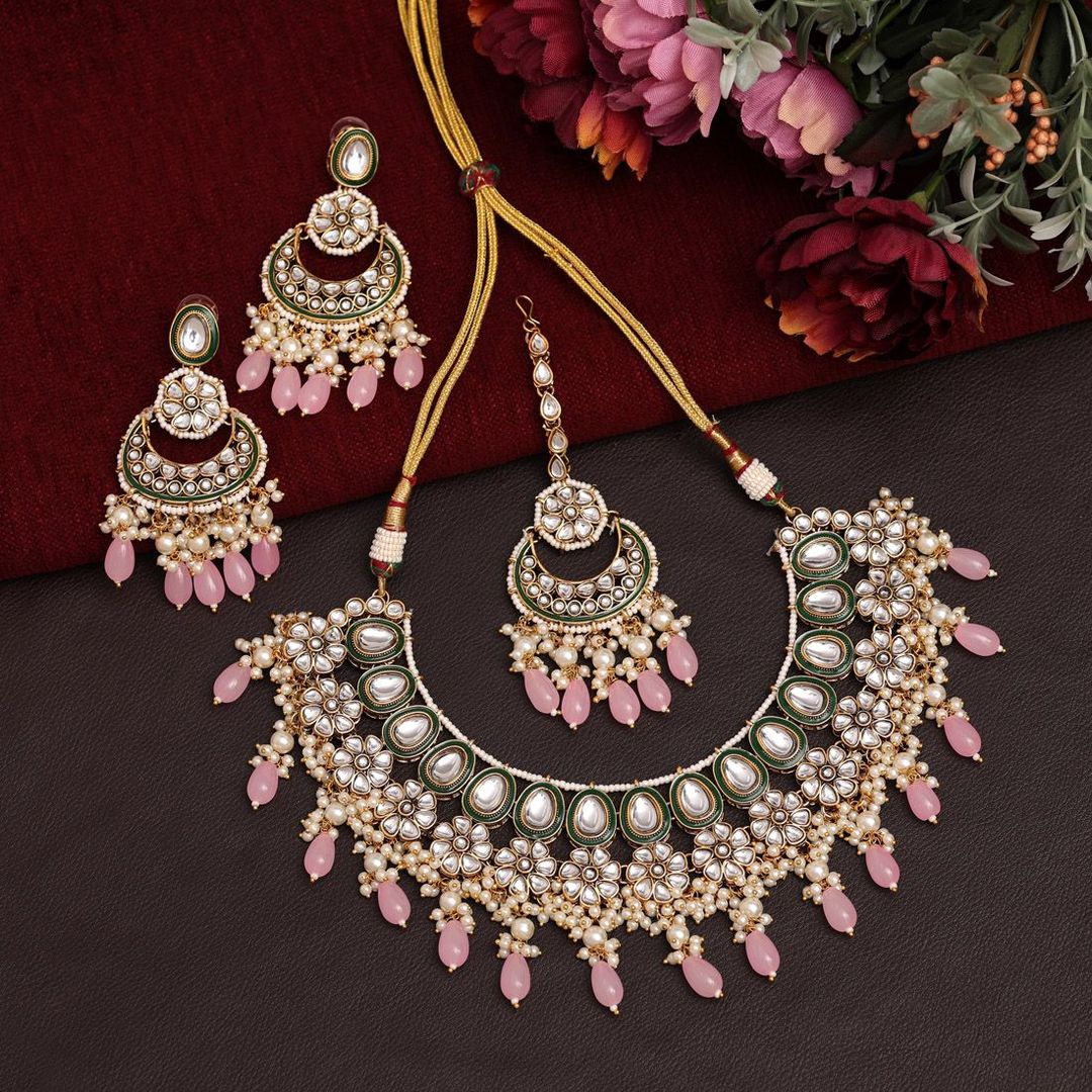 Kundan Halskette mit Ohrringe & Tikka - gold | rosa