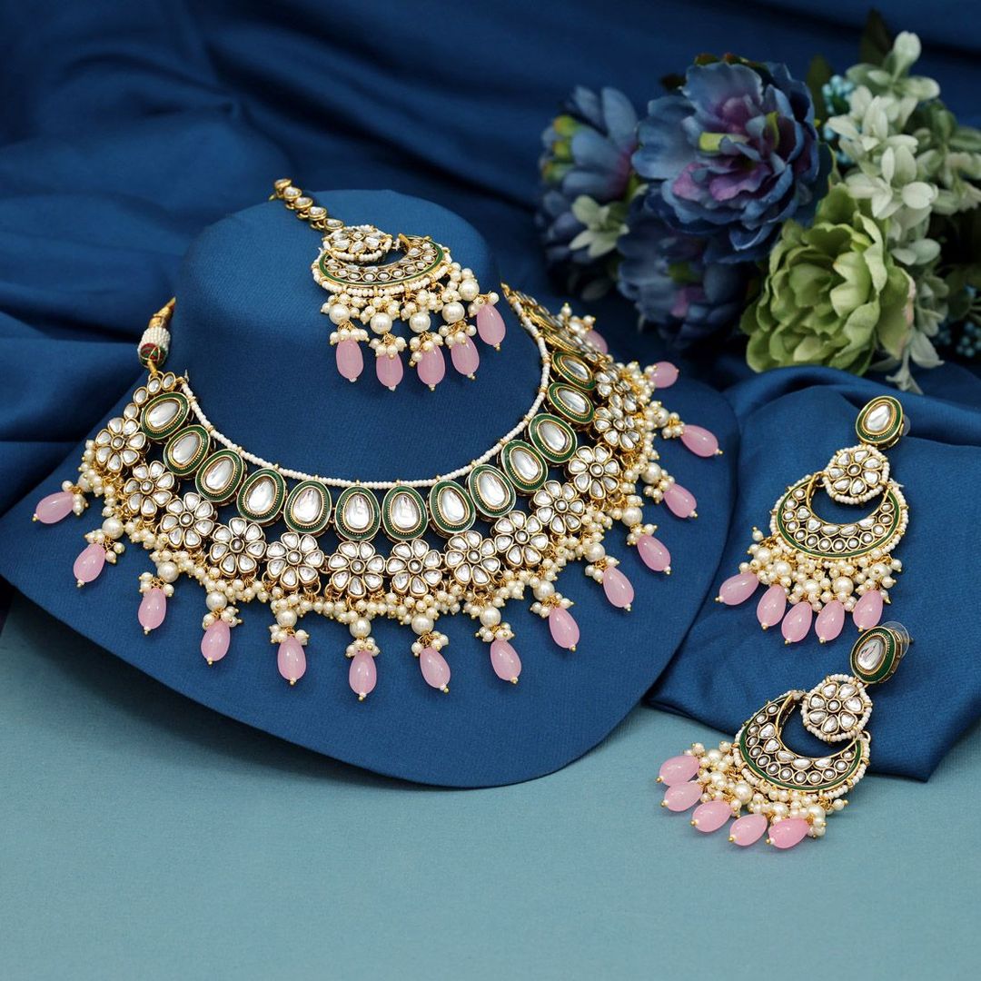 Kundan Halskette mit Ohrringe & Tikka - gold | rosa