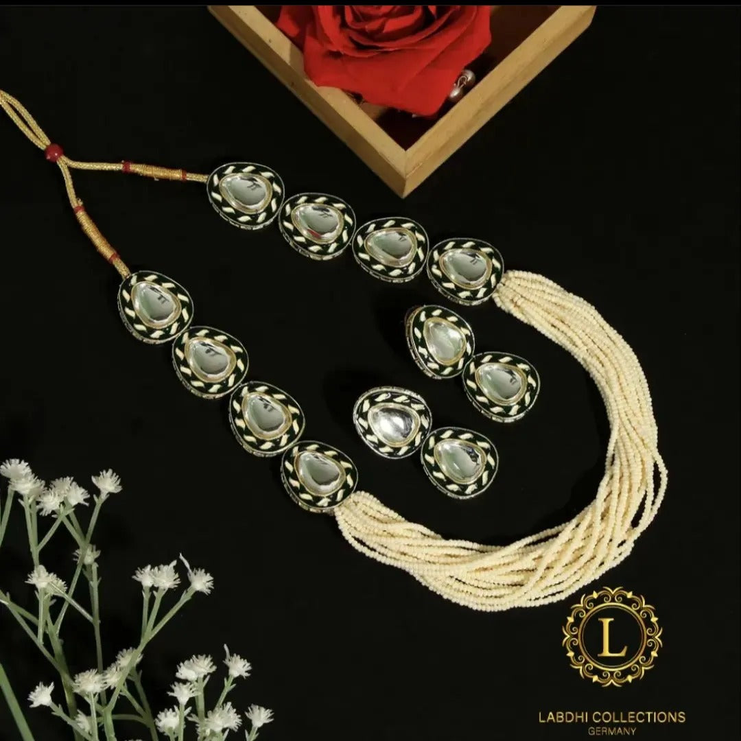 Kundan Halskette lang mit Ohrringe Set - weiß| Perlen - Lange