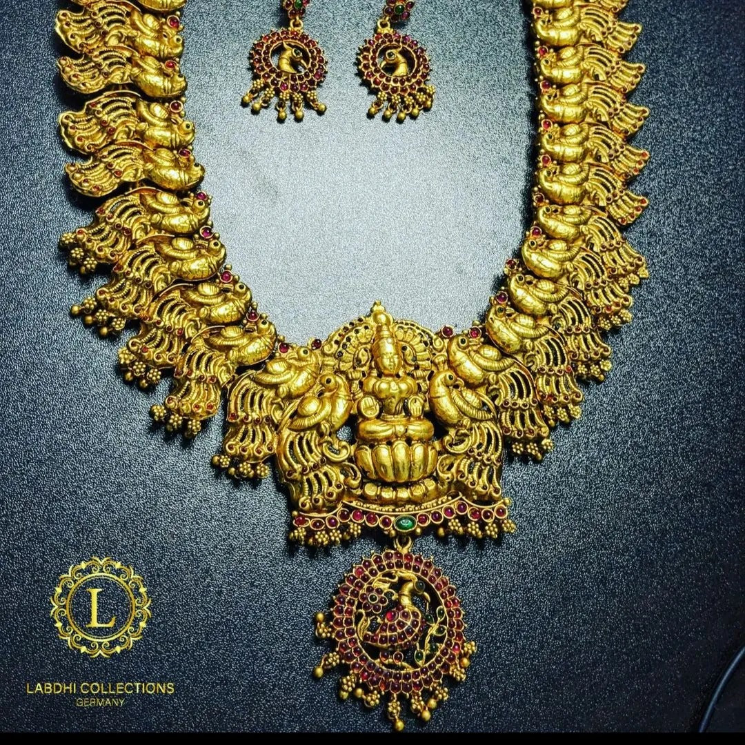 Tempel Halskette lang mit Ohrringe Set - gold