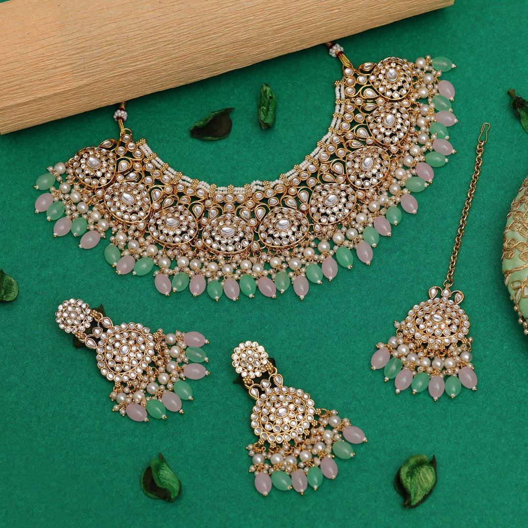 Kundan Halskette mit Ohrringe & Tikka - gold | rosa, mint