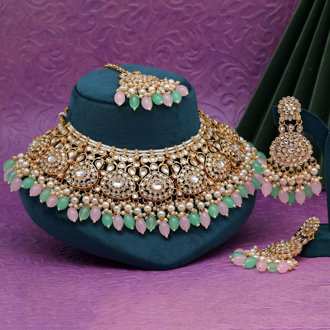 Kundan Halskette mit Ohrringe & Tikka - gold | rosa, mint