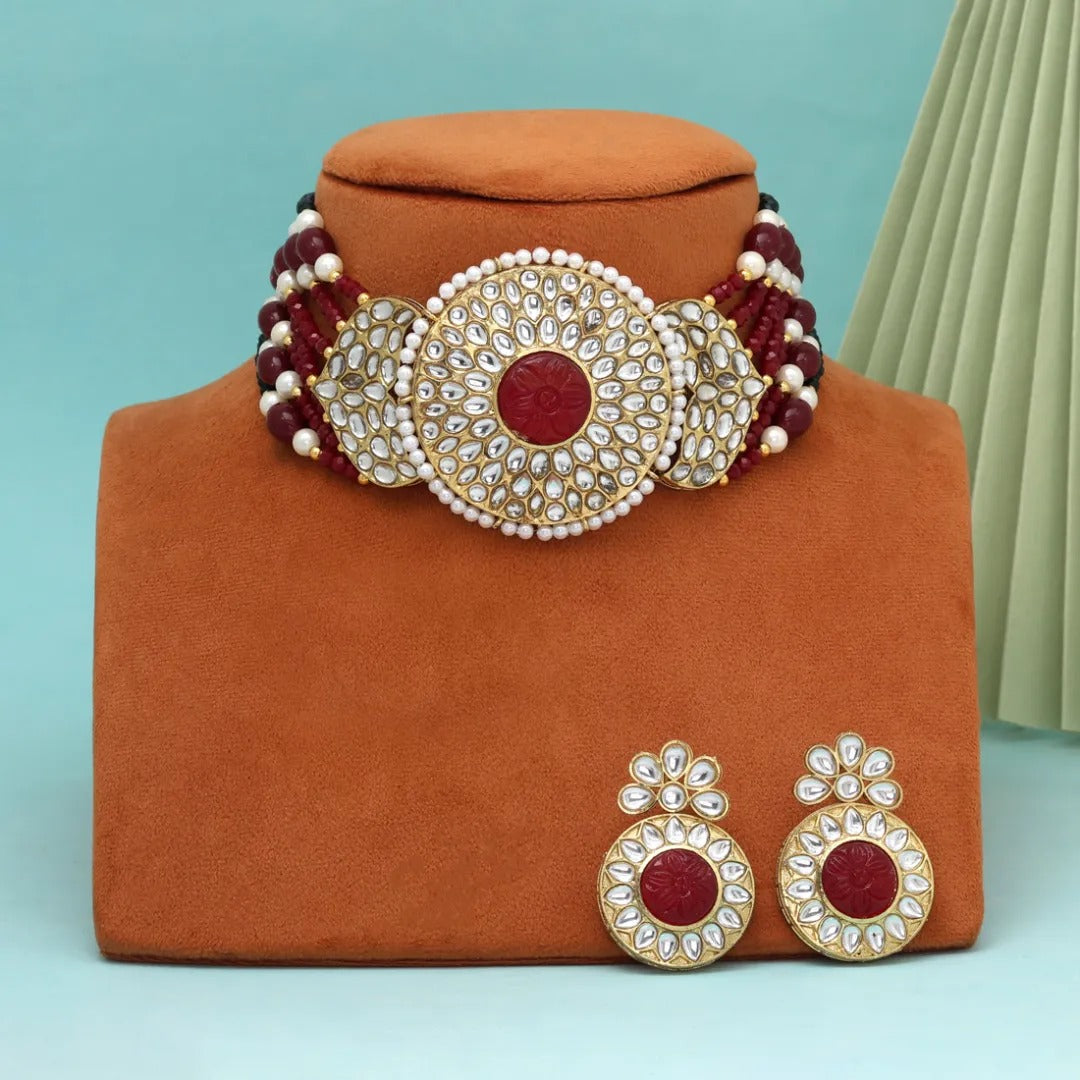 Kundan Choker Halskette mit Ohrringe - Maroon