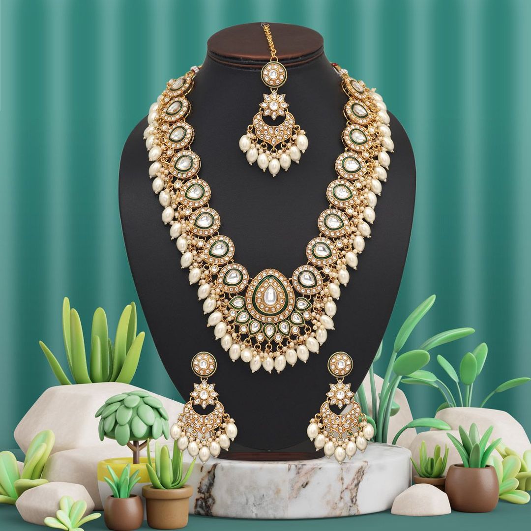 Kundan Halskette mit Ohrringe & Tikka - gold |