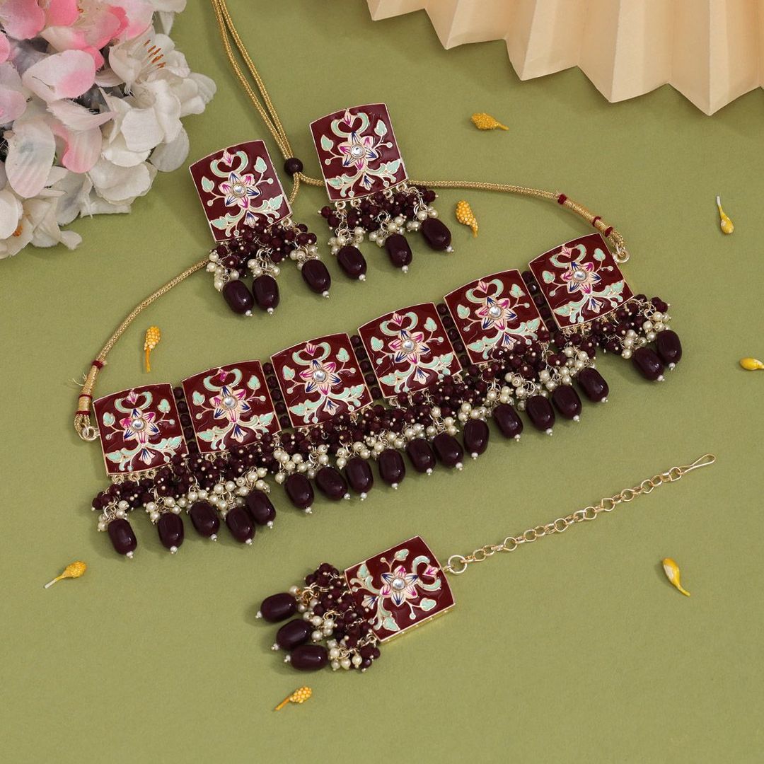 Kundan Meenakari Choker Halskette mit Ohrringe & Tikka - maroon