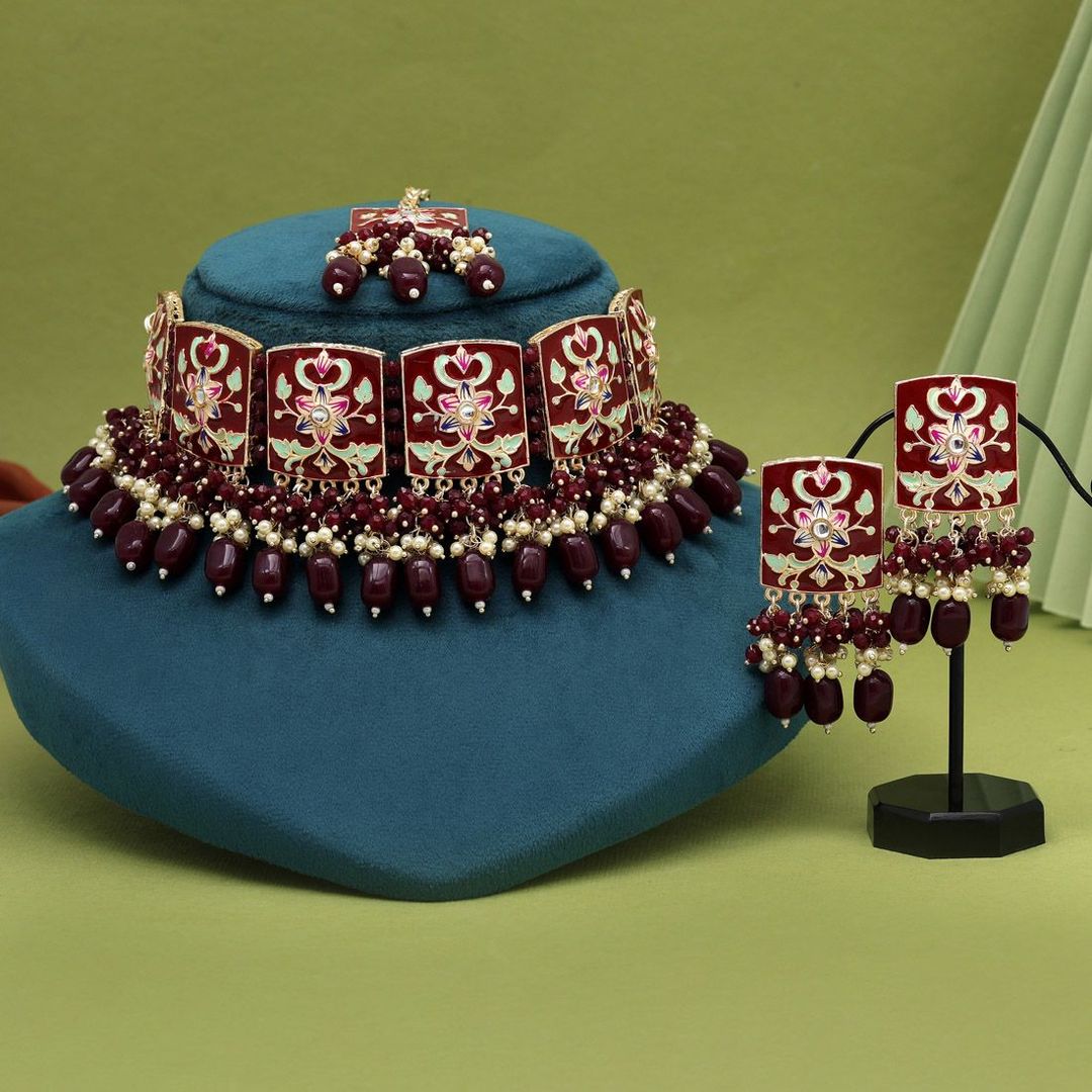 Kundan Meenakari Choker Halskette mit Ohrringe & Tikka - maroon