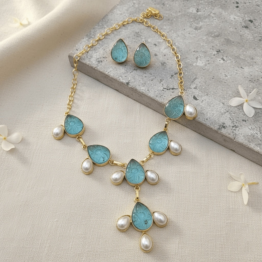 Kundan Halskette ( Amrapali ) mit Ohrringe - Blau