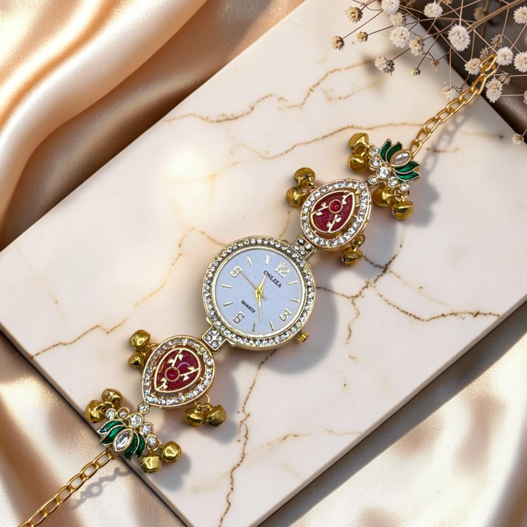 Kundan-Armbanduhr für Damen – Elegante indische Schmuckuhr im Ethno-Design