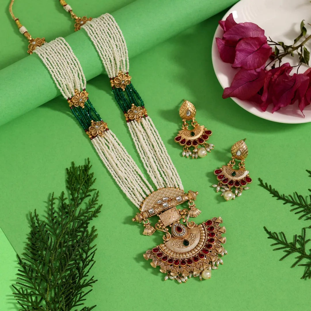 Kundan Necklace long with earrings - White| Pearls - Long