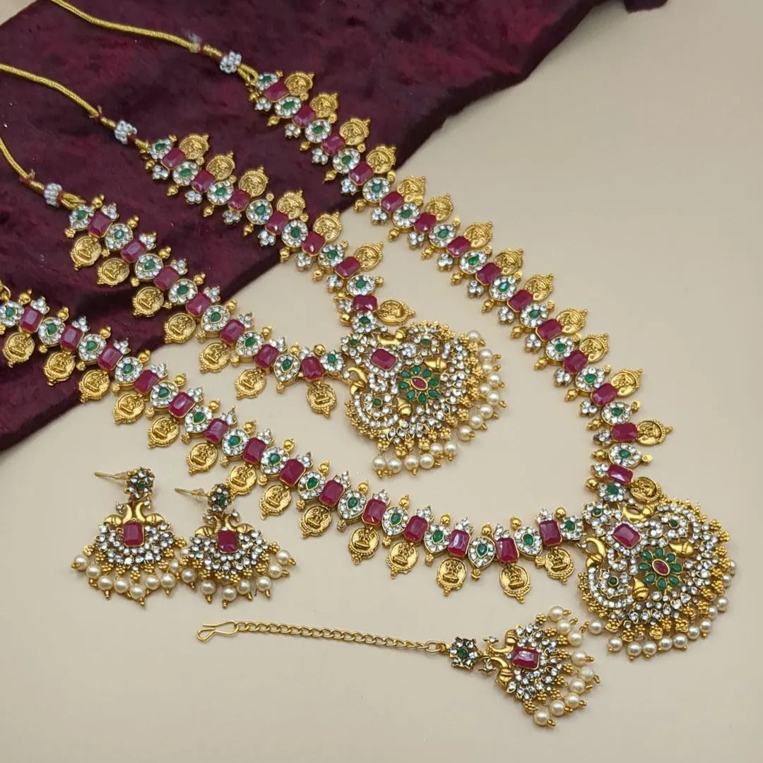 Tempel Braut Halskette, Haram, Ohrringe & Tikka - gold | Combo Set