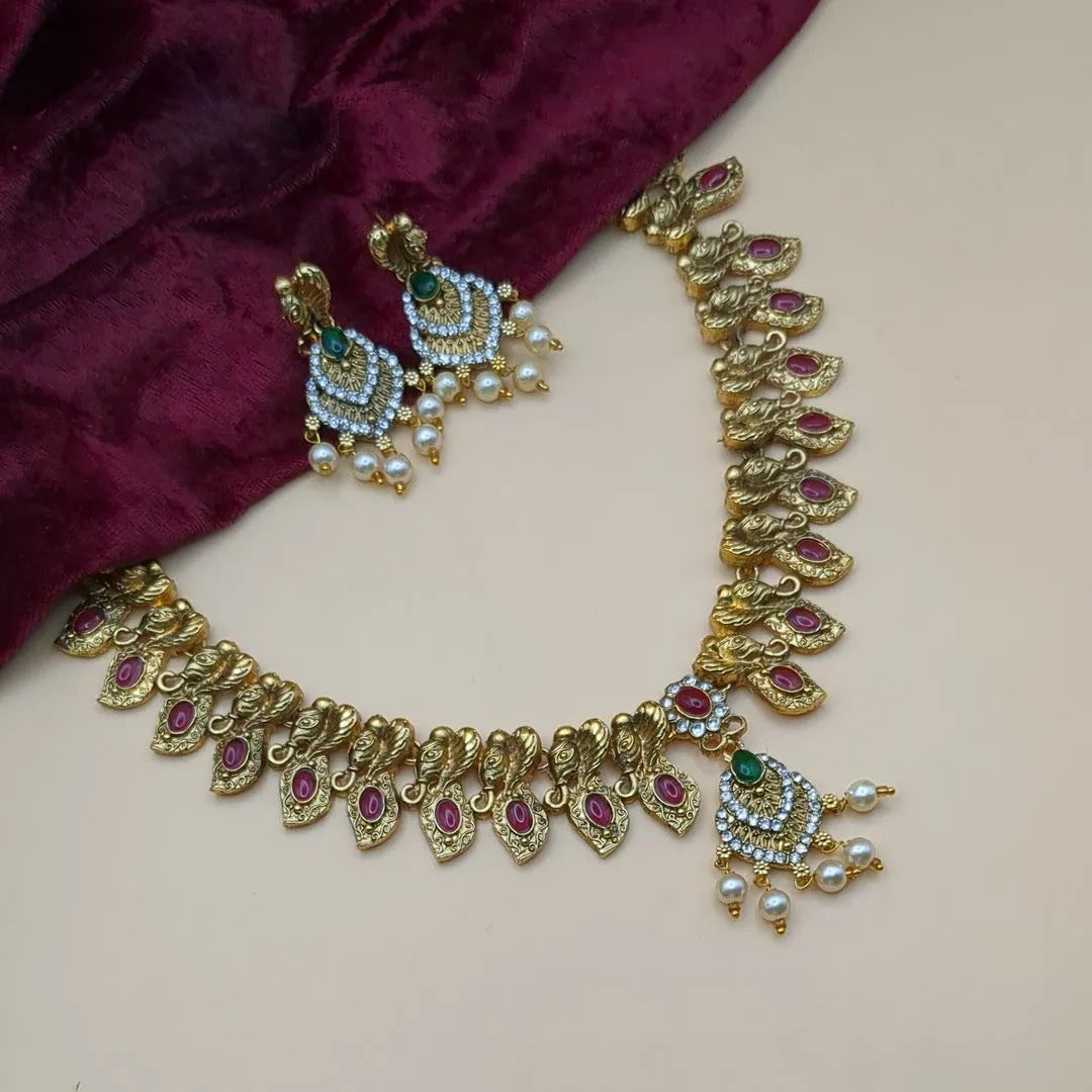 Tempel - Halskette mit Ohrringe - gold | rot | grün