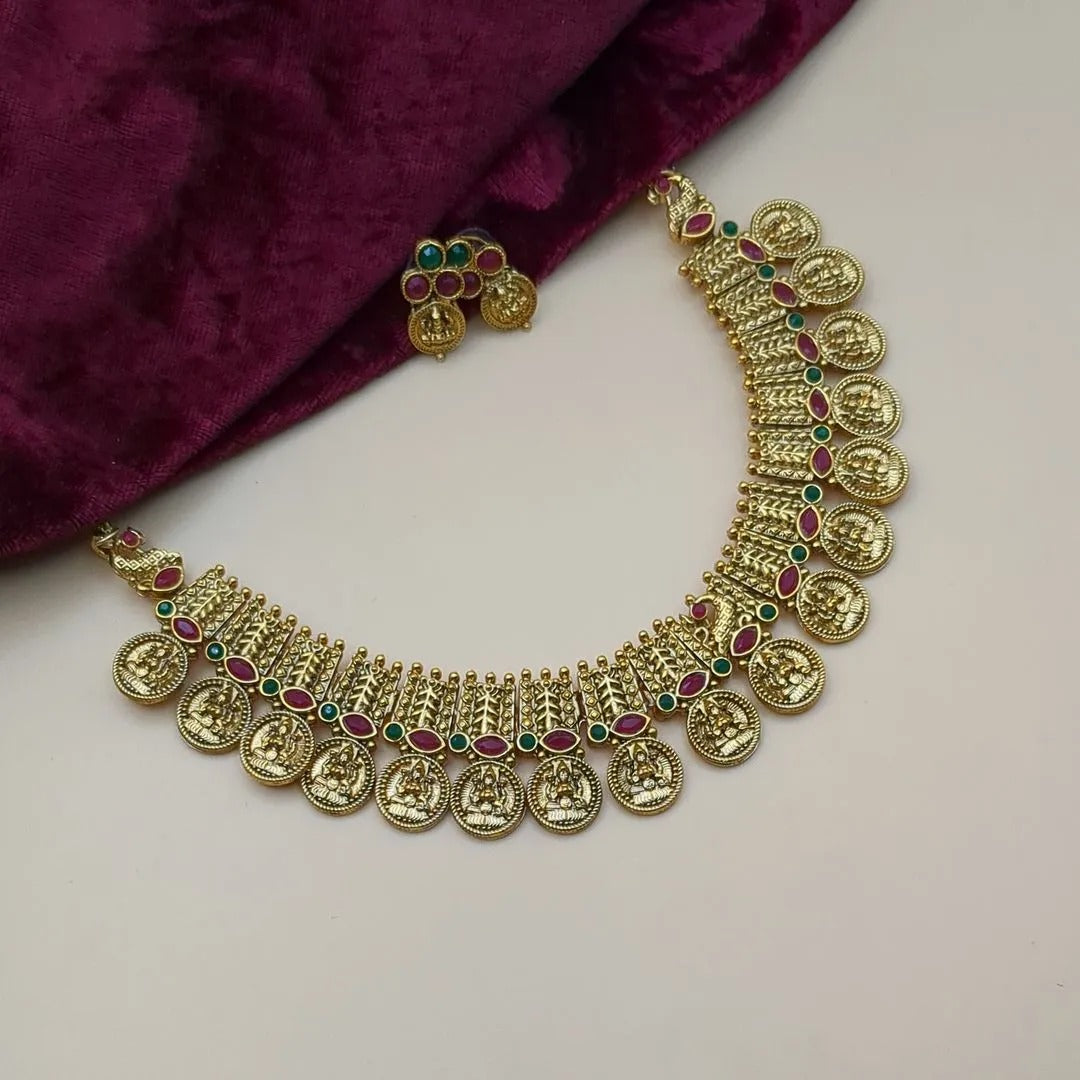 Tempel - Halskette mit Ohrringe - gold | grün | rot