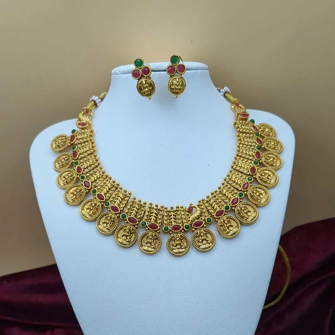 Tempel - Halskette mit Ohrringe - gold | grün | rot