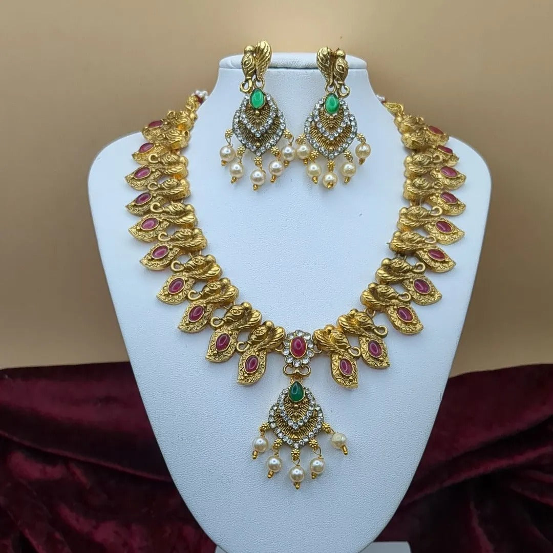 Tempel - Halskette mit Ohrringe - gold | rot | grün