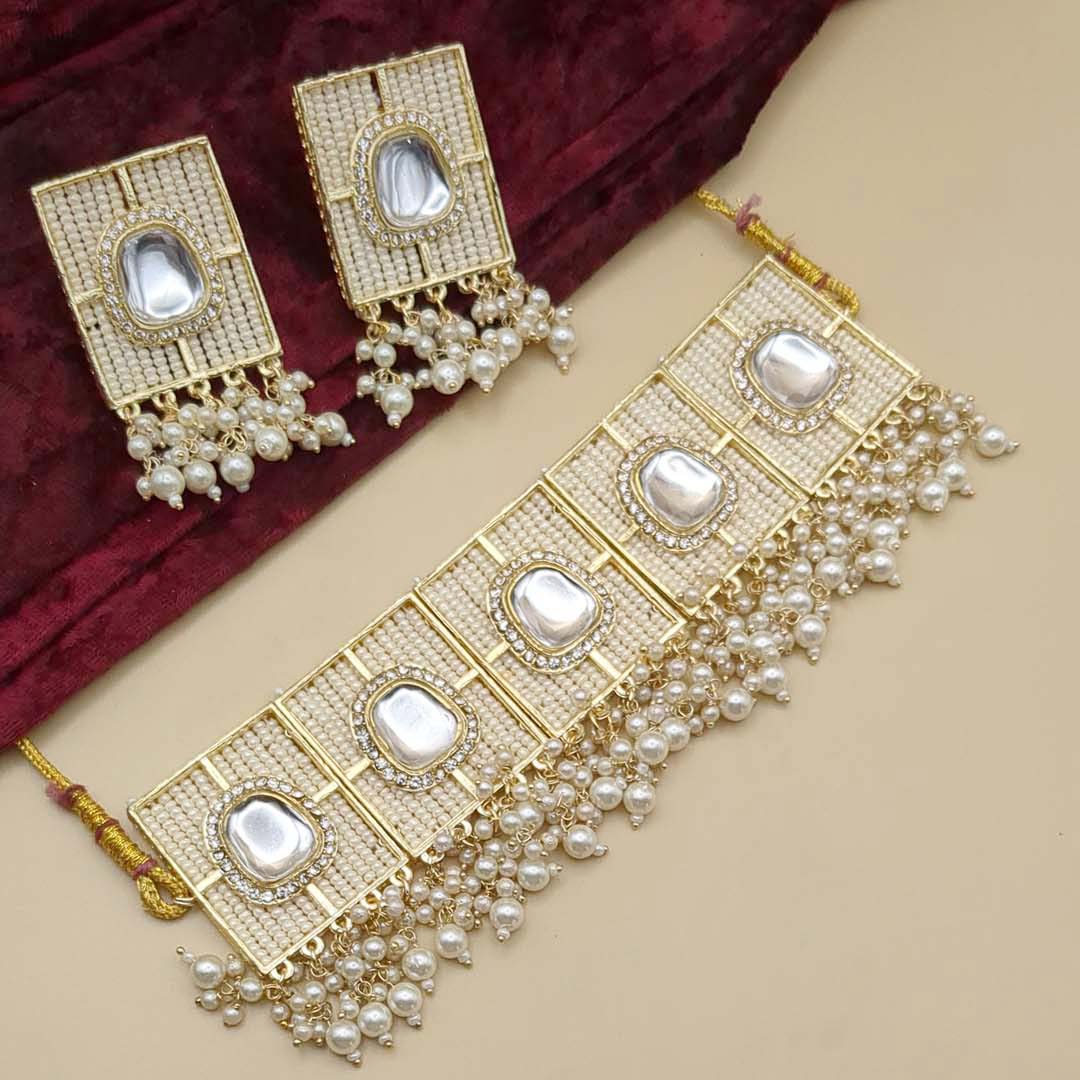 Kundan Choker Necklace with Earrings - white