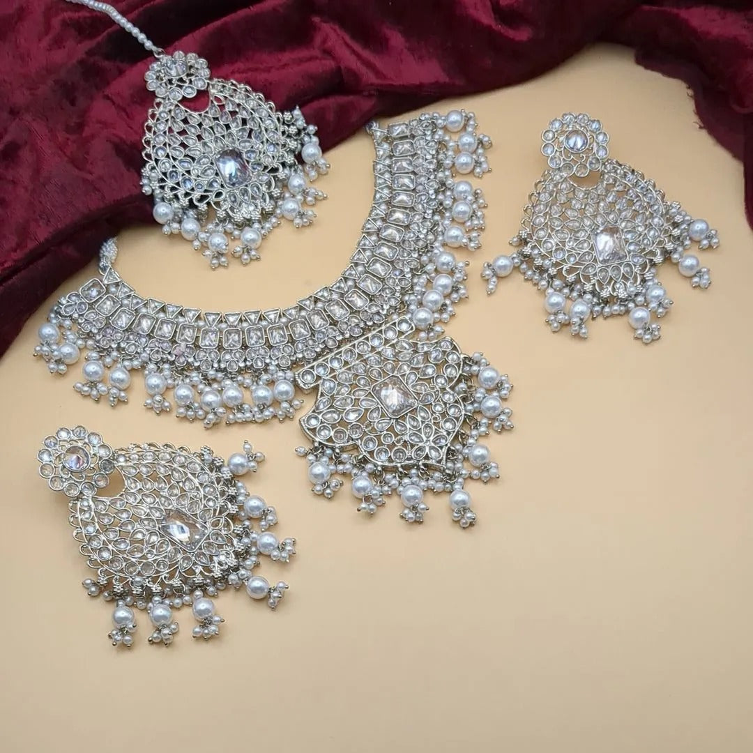Polki Braut Halskette mit Ohrringe & Tikka - Silber