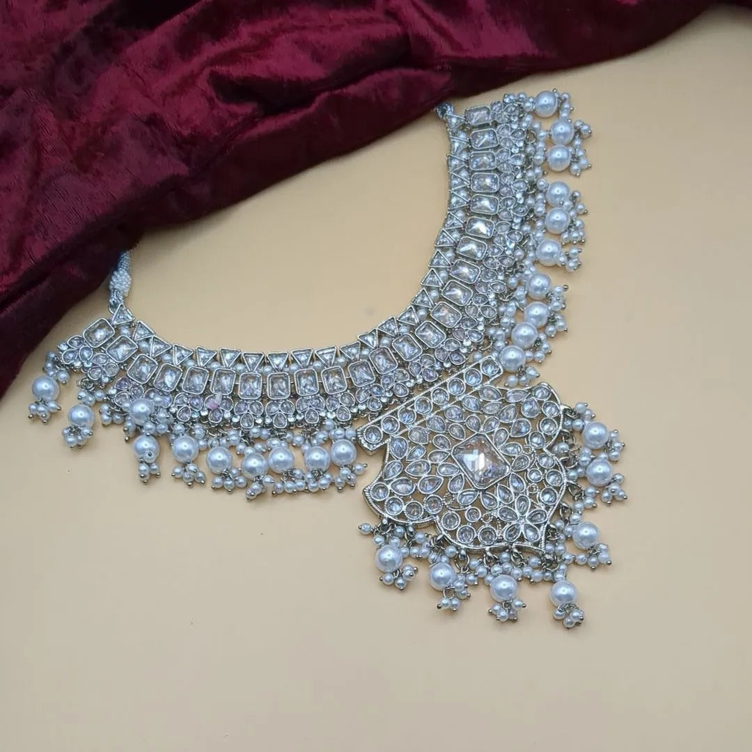 Polki Braut Halskette mit Ohrringe & Tikka - Silber