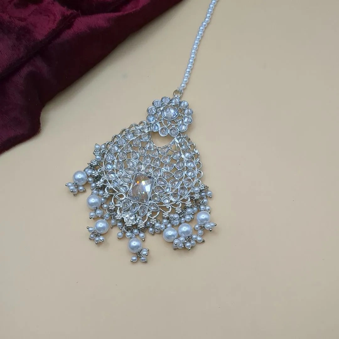 Polki Braut Halskette mit Ohrringe & Tikka - Silber