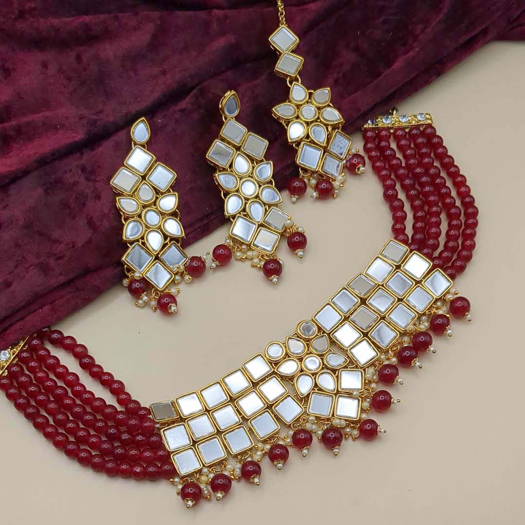 Kundan Choker Necklace with Earrings & Tikka- gold | red