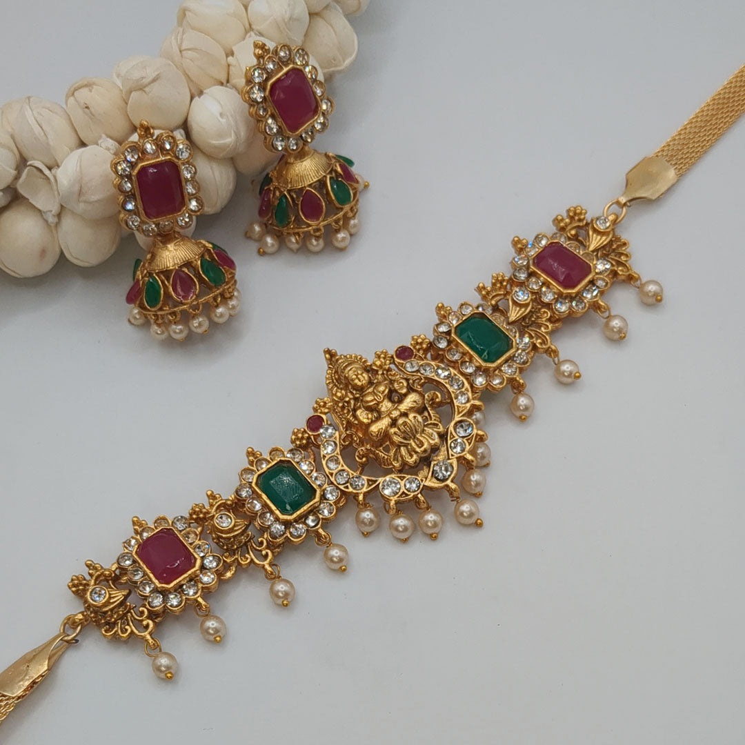 Temple Choker Necklace with Earrings - Magenta