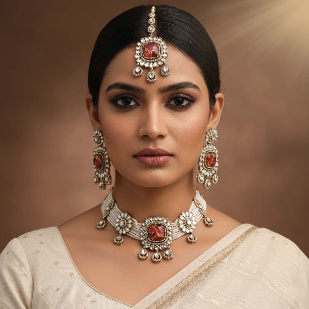 Kundan Halskette mit Ohrringe & Tikka - gold | maroon