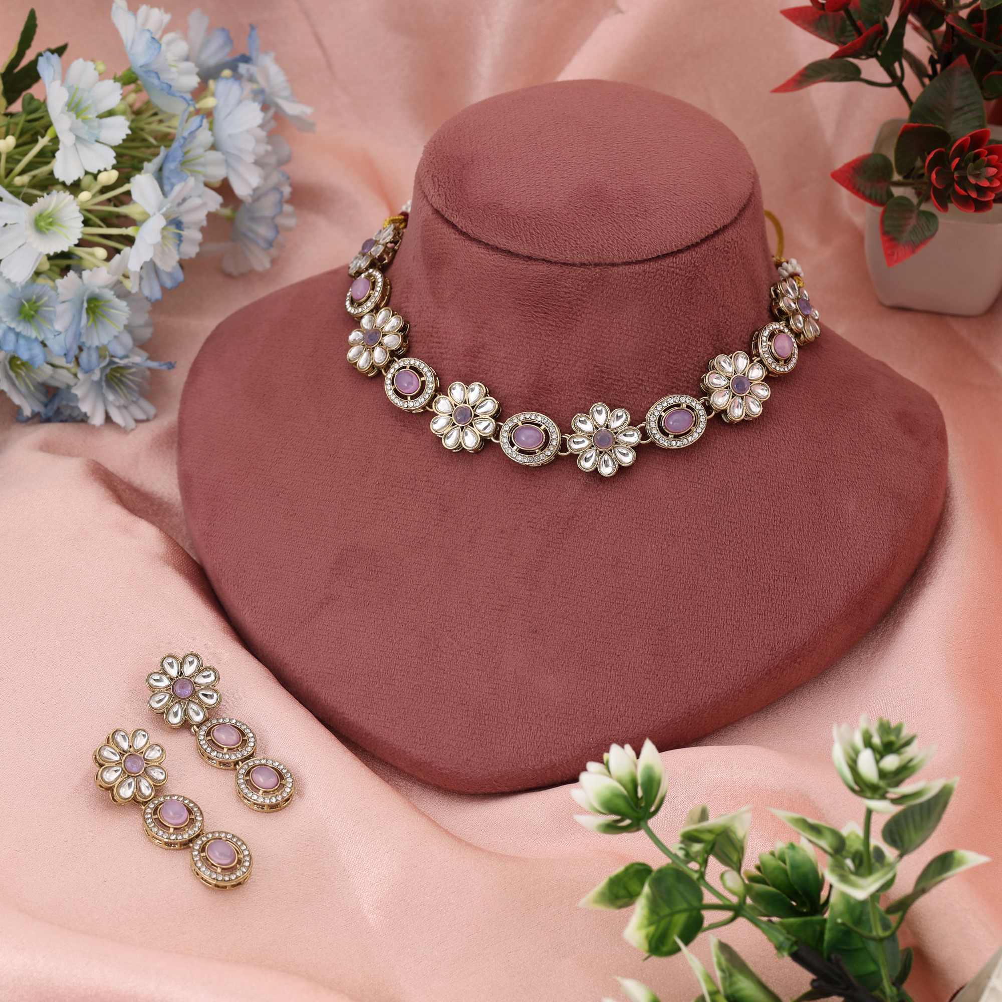 Kundan Halskette mit Ohrringe - gold | Lila