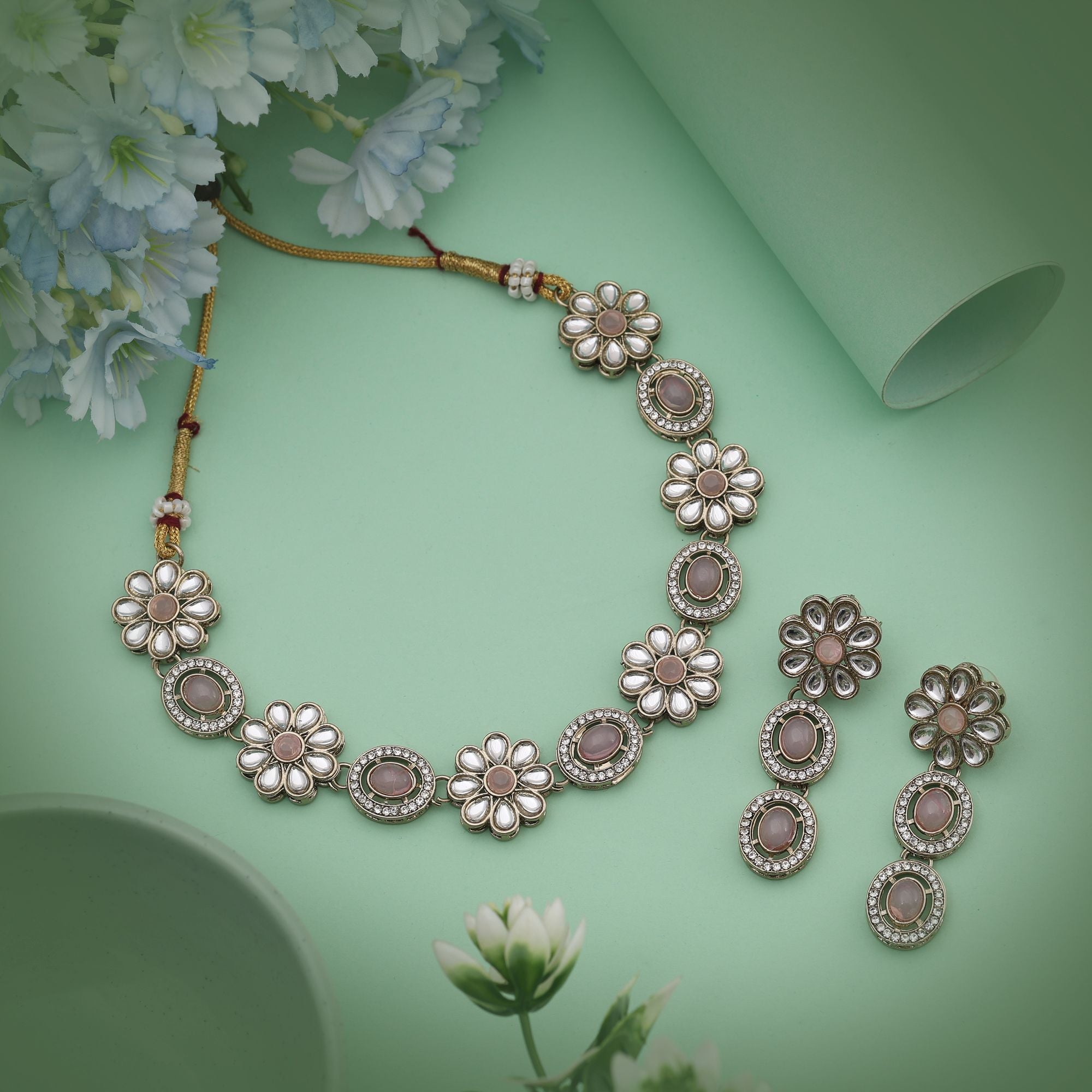 Kundan Halskette mit Ohrringe - gold | Rosa