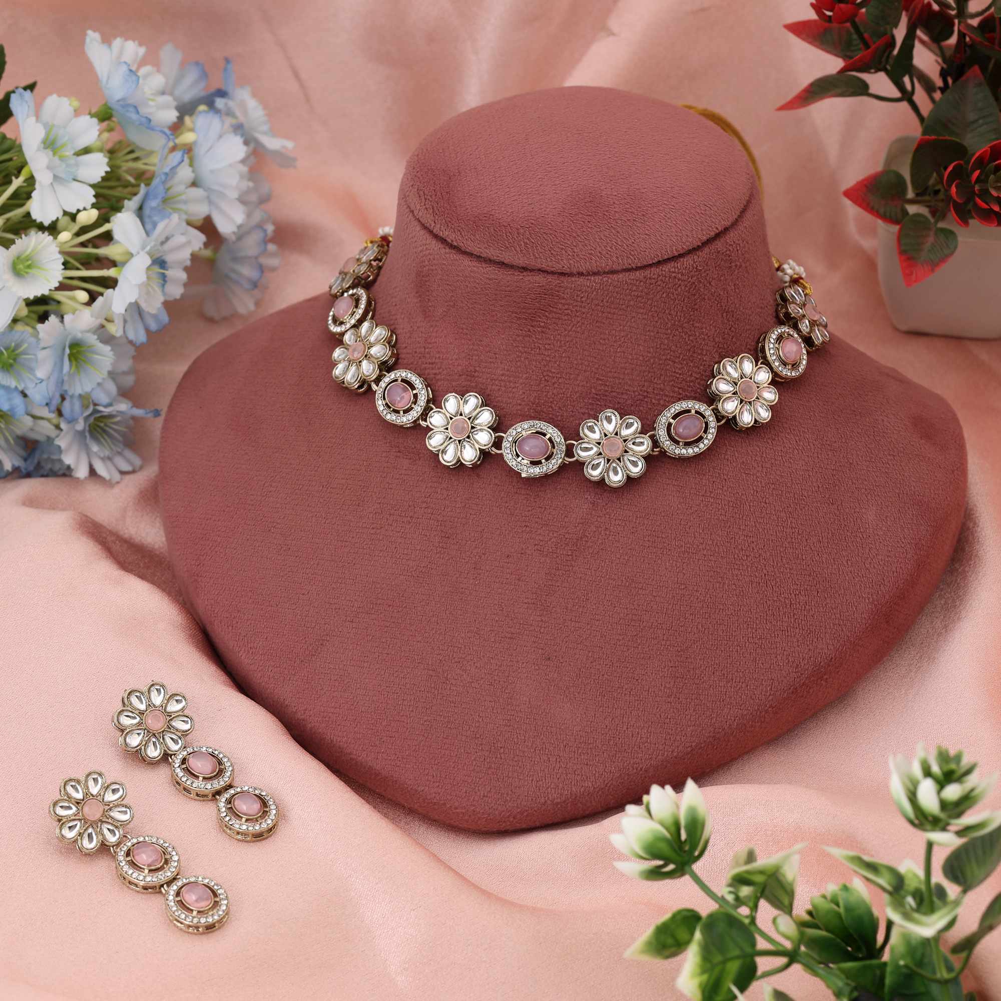 Kundan Halskette mit Ohrringe - gold | Rosa