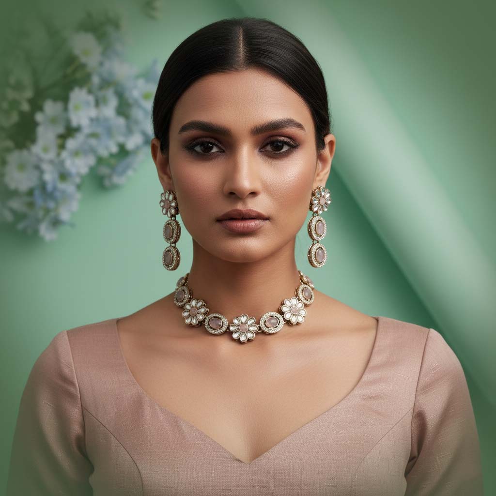 Kundan Halskette mit Ohrringe - gold | Rosa