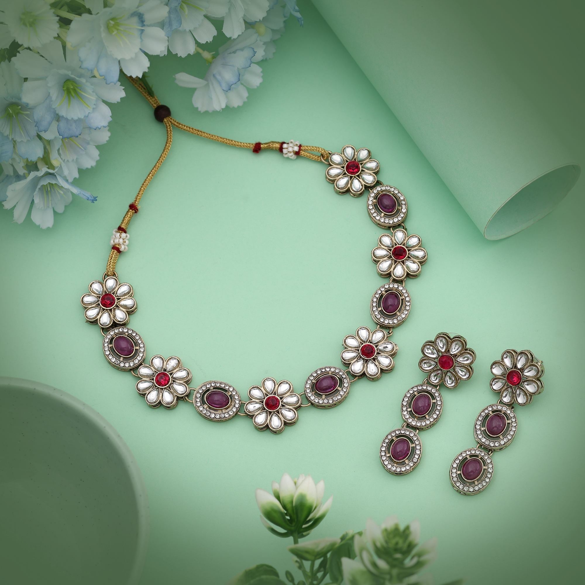 Kundan Halskette mit Ohrringe - gold | Magenta