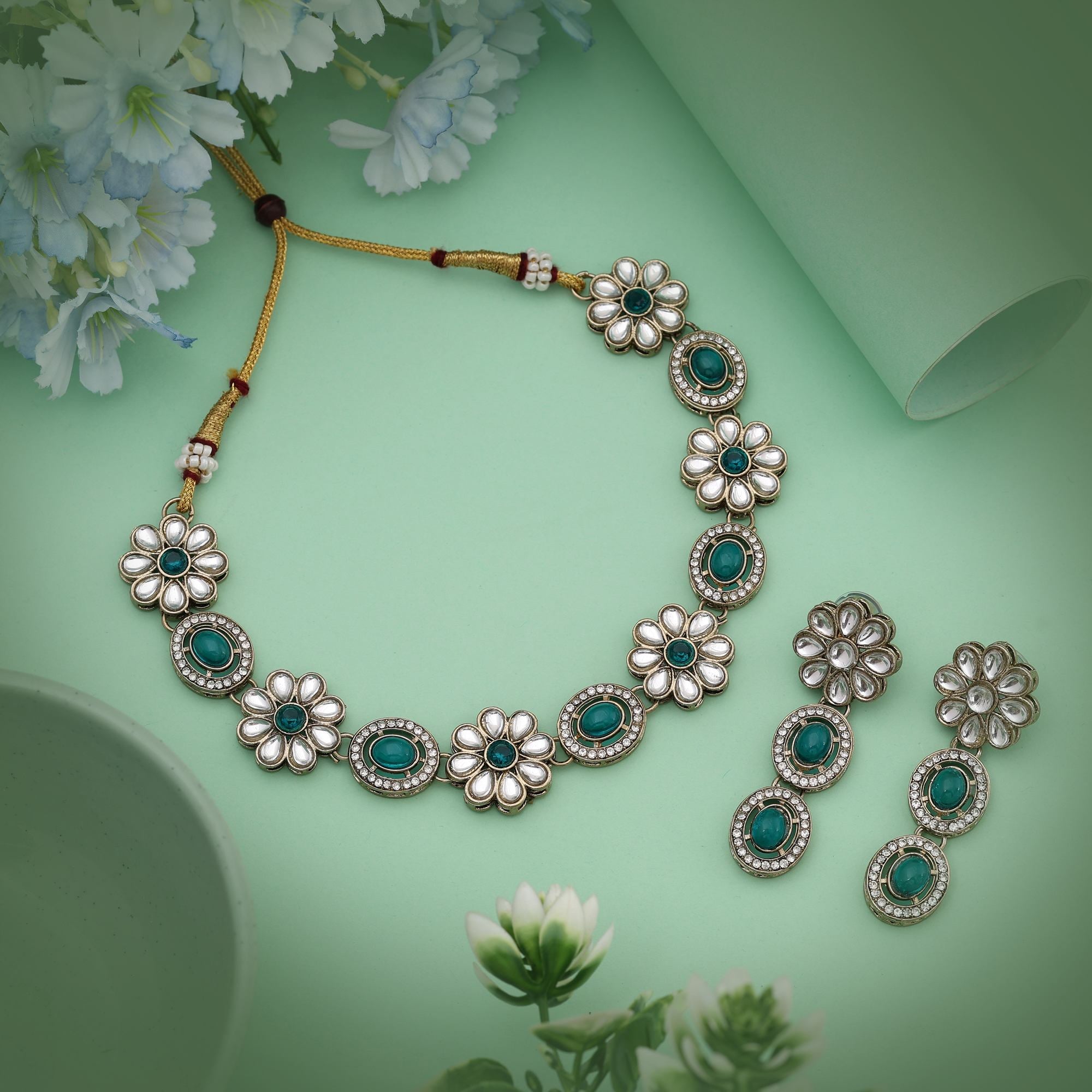 Kundan Halskette mit Ohrringe - gold | grün