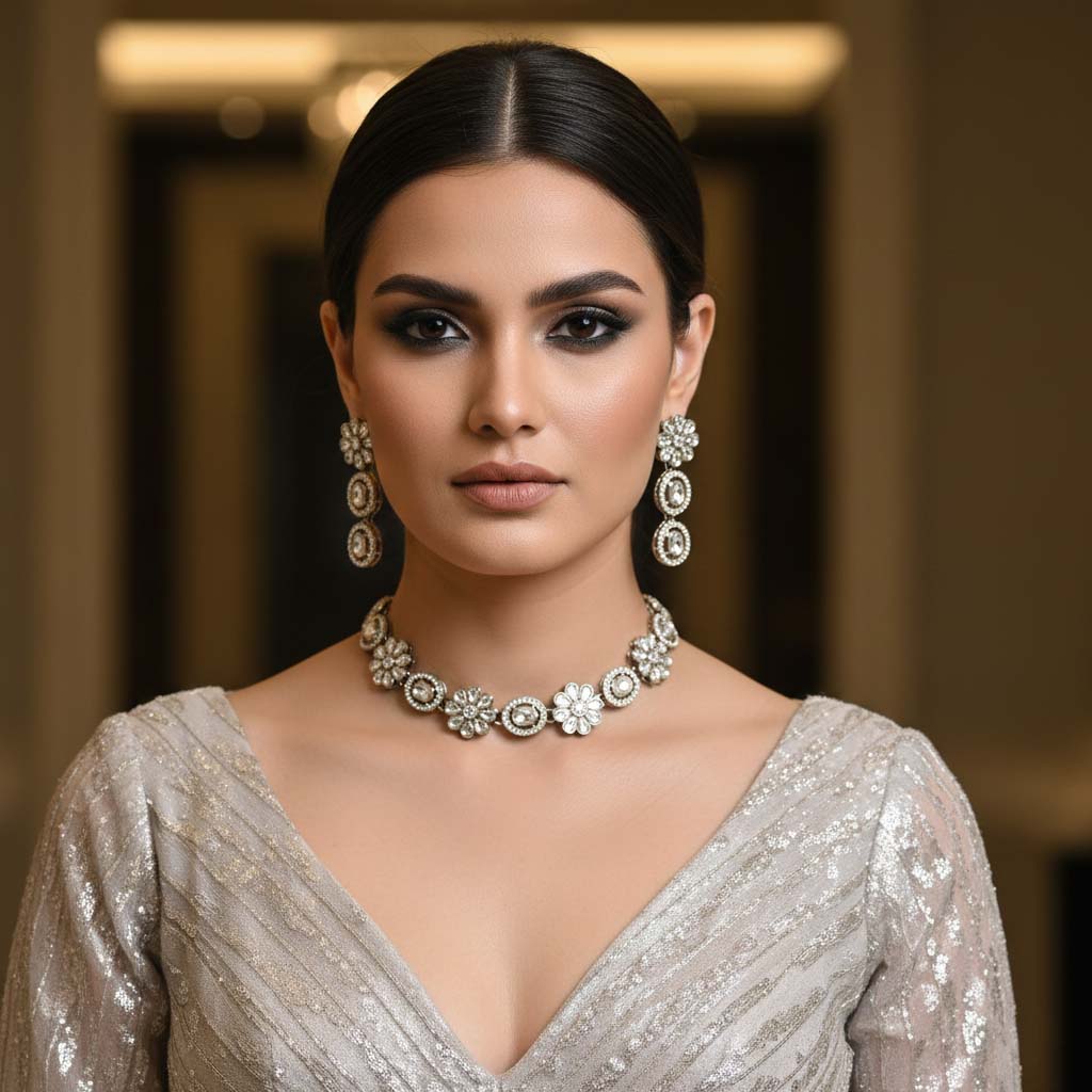 Kundan Halskette mit Ohrringe - gold | weiß