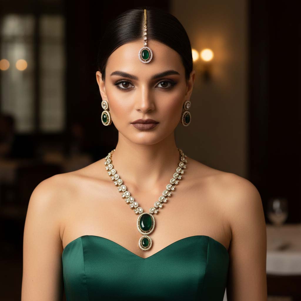 Kundan Halskette mit Ohrringe & Tikka - gold | grün