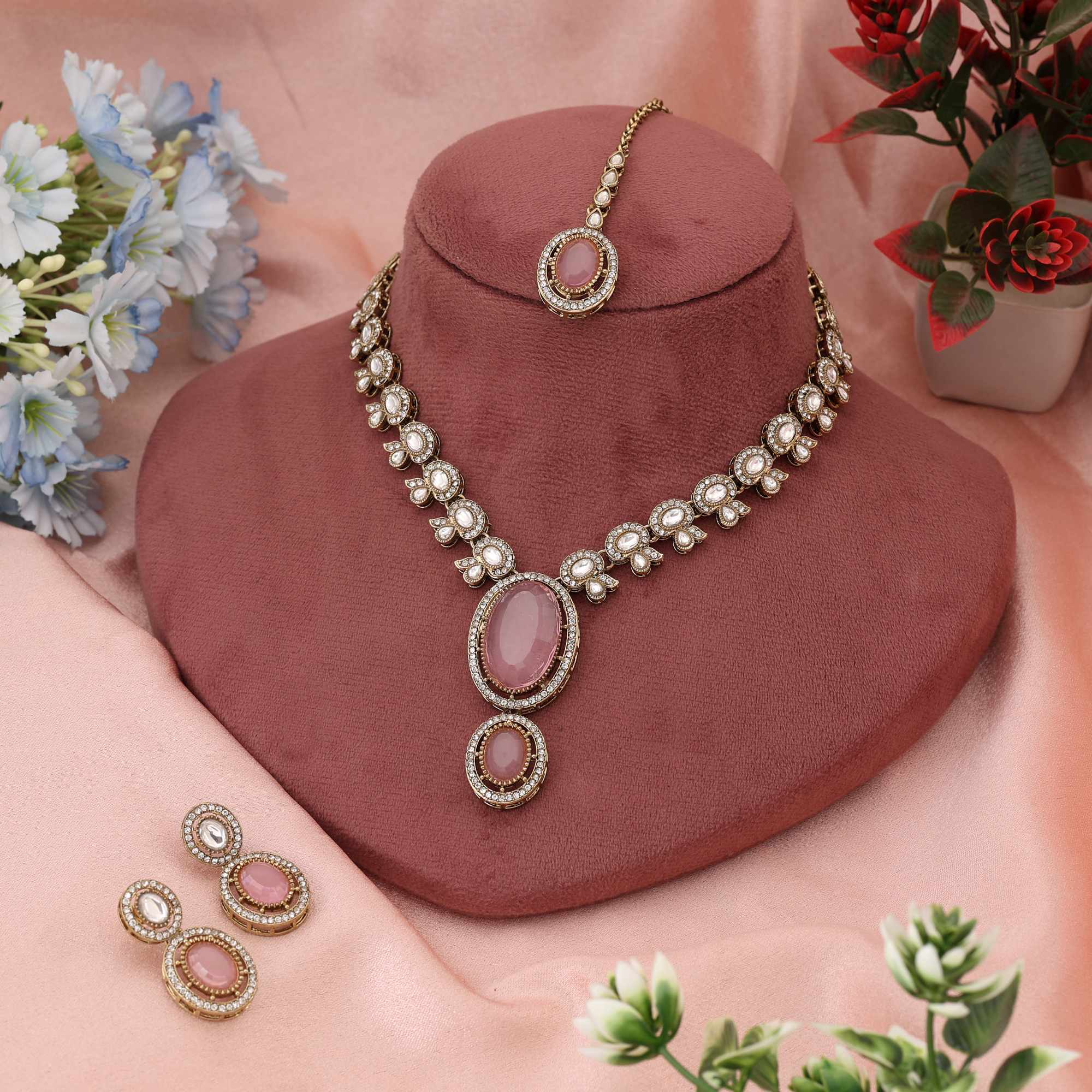 Kundan Halskette mit Ohrringe & Tikka - gold | Rosa